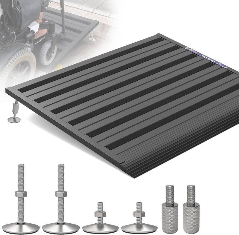 lot 121206 image: Retails for $130 Threshold Ramp for Doorways,Adjustable Height 2.6-7.3 Aluminum Wheelchair Ramp with Heightening Screws and Swivel Angle Leg,1100lbs Load Capacity, 30x36 Curb Ramp for Trolley,Power Chairs
