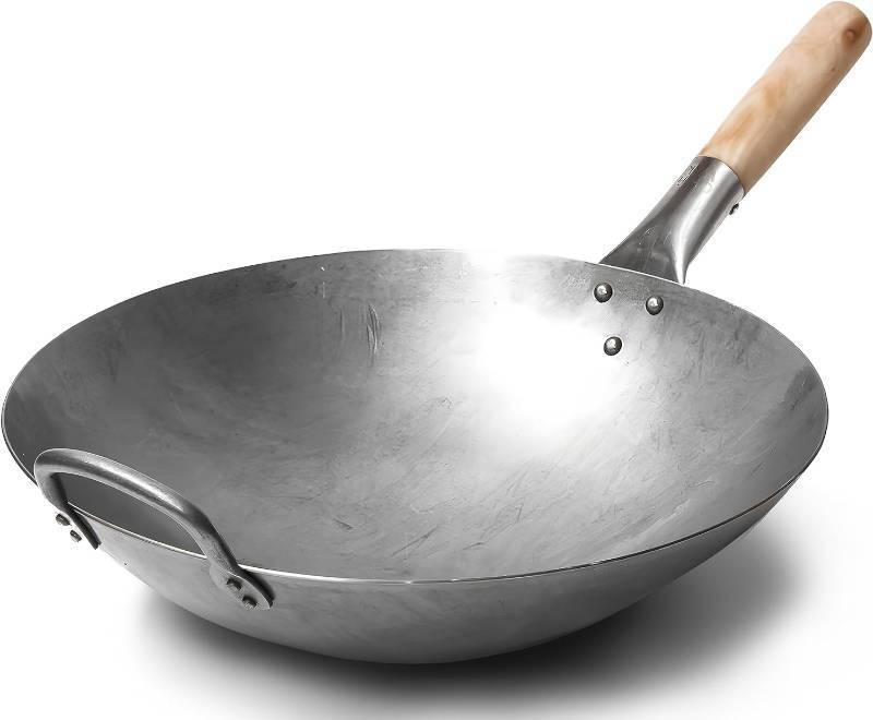 lot 421207 image: Craft Wok Traditional Hand Hammered Chinese Carbon Steel Wok with Wooden and Steel Helper Handle (14 Inch, Round Bottom Pow Wok Pan)  731W88