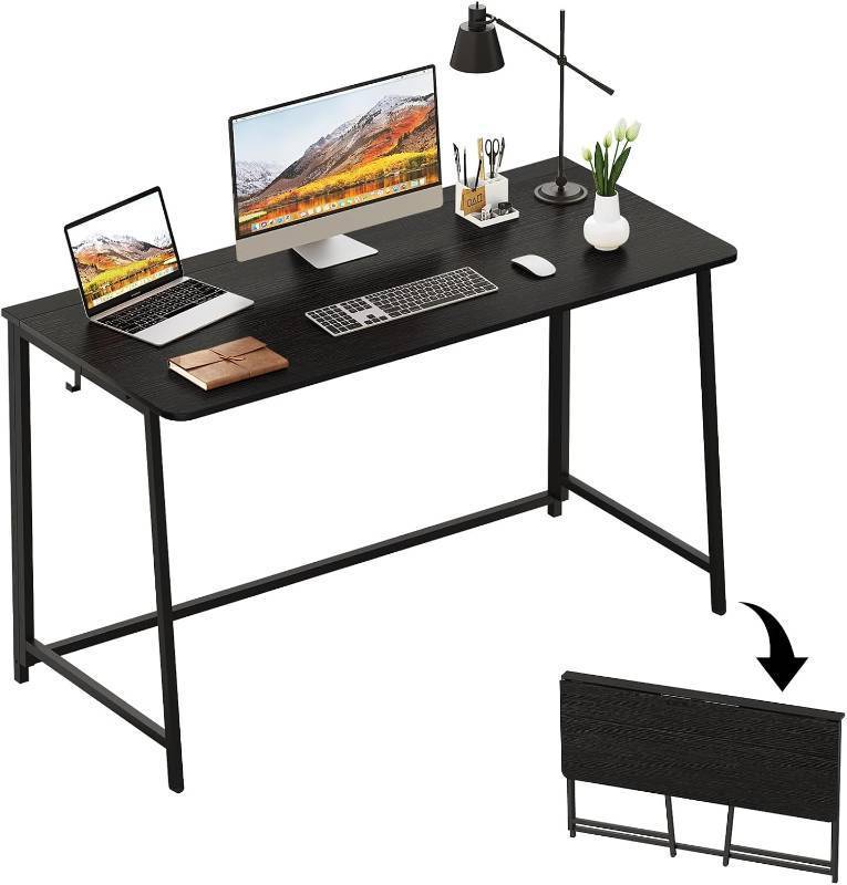 lot 370939 image: WOHOMO Folding Desk, 47.2 Foldable Computer Study Table for Bedroom, Space Saving Computer Table Writing Workstation for Home Office, Easy Assembly, Black