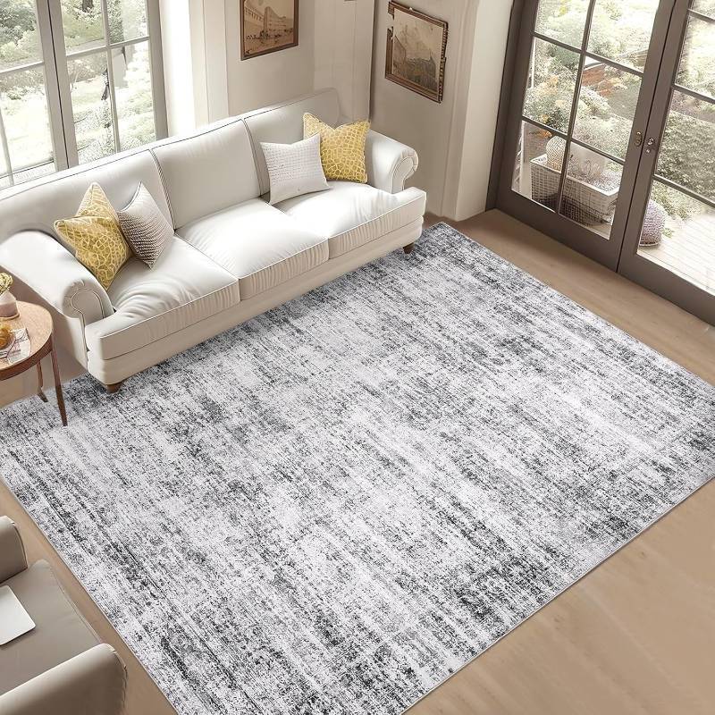 lot 191416 image: 8x10 Rug for Living Room Washable, Soft Vintage Distressed Neutral Area Rugs for Bedroom Retro Abstract Indoor Floor Carpet, Thin Non-Slip Large Farmhouse Rugs for Dining Room, Grey