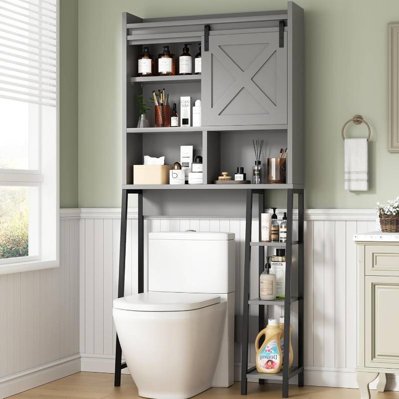 lot 201147 image: Retails for $110 Shintenchi Over The Toilet Storage Cabinet, Bathroom Storage Cabient with Sliding Doors, Bathroom Storage Shelf Organizer with Adjustable Shelf and Anti-Tip Device, Gray