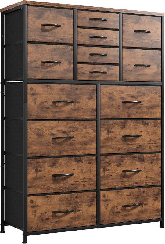 lot 401060 image: Bepatio 16 Drawers Dresser for Bedroom, 57 H Large Deep Fabric Dressers & Chest of Drawers with Sturdy Metal Frame, Wooden Top, Living Room, Entryway, Hallway, Rustic Brown Wood Grain Print
