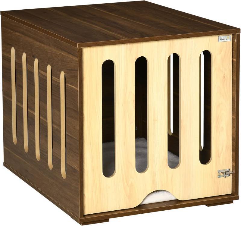 lot 401061 image: Retails for $180 PawHut Furniture Style Dog Crate End Table with Removable Door Panel, Dog Crate Bed with Foam Cushion, Safety Lock, Indoor Use, for Small & Medium Dogs, Brown