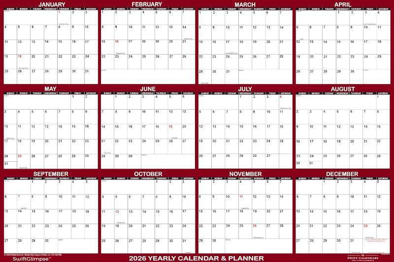 lot 151809 image: 36 x 54 SwiftGlimpse 2026 Wall Calendar Erasable Large Wet & Dry Erase Laminated 12 Month Annual Yearly Wall Planner, Horizontal, Maroon