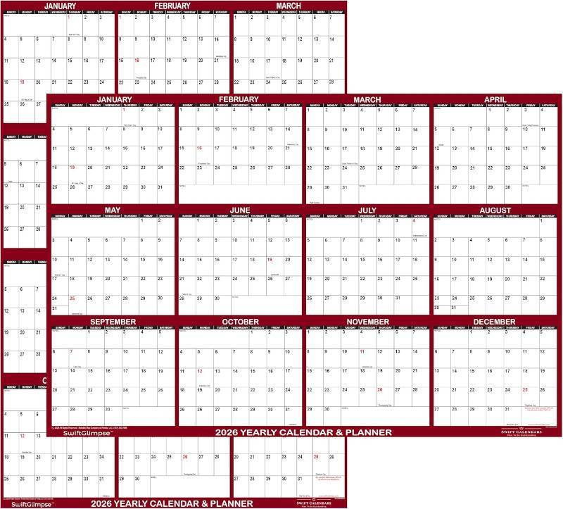 lot 151840 image: 32 x 48 SwiftGlimpse 2026 Wall Calendar Erasable Jumbo XL Wet & Dry Erase Laminated 12 Month Annual Yearly Wall Planner, Reversible, HorizontalVertical, Maroon
