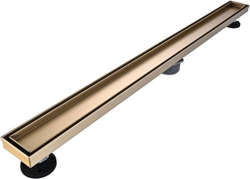 lot 251337 image: Linear Shower Floor Drain, Brushed Gold 36 Inch 304 Stainless Steel Bathroom Drains Kit, Rectangular Shower Trench Drain with Reversable Tile-in Pattern Drain Cover & Hair Catcher