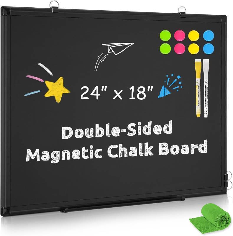 lot 451856 image: Magnetic Chalk Board, 24 x18 Black Chalkboard Double-Sided Dry Erase Board Magnetic Blackboard for Wall, Black Framed Small Chalk Board Home, School, Office, Kitchen