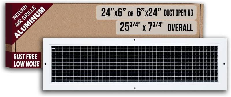 lot 161165 image: Fits 24x6 and 6x24 Duct Opening  Aluminum Eggcrate Return Air Grille  Low Noise & High Air Flow, Rust Proof Vent Cover Grill for Sidewall & Ceiling  White  Outer Dimensions 25.75 X 7.75