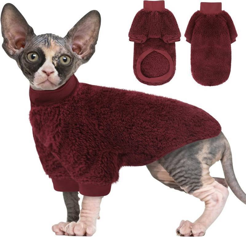 lot 161202 image: SUNFURA Sphynx Cat Sweater, Hairless Cats Turtleneck Pullover Kitten Sweaters for Cats Only, Warm and Soft Cat Pajamas Shirt with Sleeves Pet Winter Clothes Fleece Jumpsuit for Puppy, Burgundy L