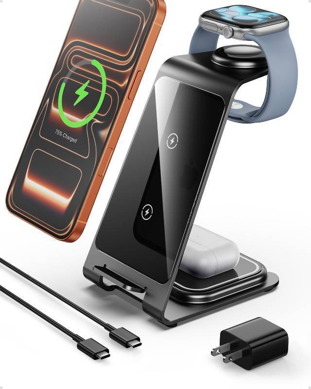 lot 101409 image: Intoval Aluminum 3 in 1 Wireless Charging Station for iPhone 17 16 15 14 13 12 11 Pro Max XR, Wireless Charger for Apple Watch 11 10 9 8 7 Ultra SE 3 2, Phone Charger for AirPods 4 Pro 2 3 (Grey)
