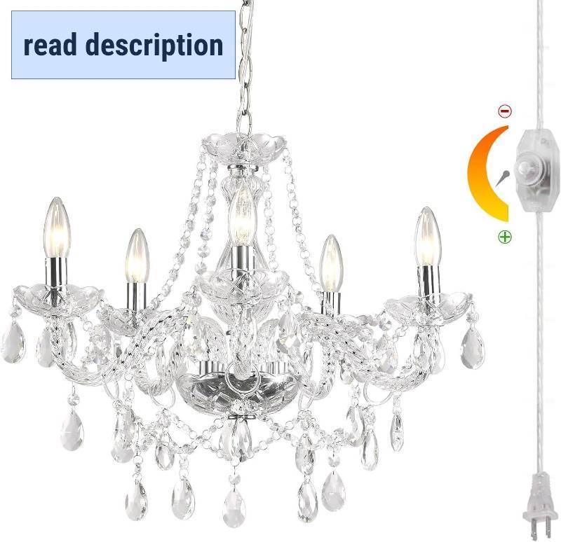 lot 301261 image: HOXIYA Dimmable Plug-in 5 Light Crystal Chandelier with Cord Glass, Chrome Candle Style Hanging Swag Lighting, K9 Crystals Beads Modern Pendant Light Fixtures Ceiling for Dining Living Room Bedroom