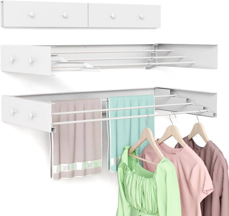 lot 401179 image: Wall Mounted Drying Rack for Laundry 23.6, Foldable Laundry Drying Rack Clothing Wall Mount with 4 Towel Hooks and 4 Rods, Space Saving for Indoor Outdoor Bathroom Balcony (White, 23.6)