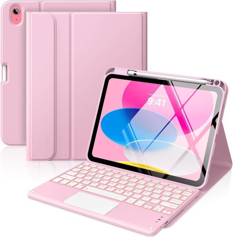 lot 291503 image: MoKo Touch Keyboard Case for iPad (A16) 11th Generation 11 inch 2025, iPad 10th Generation 10.9 inch Case with Pencil Holder, 7 Colors Backlit Multi-TrackPad Detachable Bluetooth Keyboard,Nosegay Pink