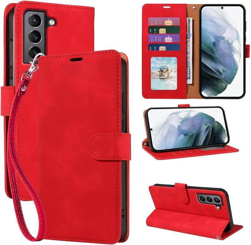 lot 391546 image: for Samsung Galaxy S21 Case Wallet, RFID Blocking 4 Card Slots Holder, S21 Phone Case, Wrist Strap, Shockproof Protective, Stand Soft PU Leather Folio Flip Cover (Red)