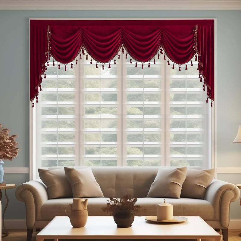 lot 491762 image: Retails for $134 StangH Christmas Red Valance Curtain 110 inches Width, Heavy Thick Light Blocking Window Drapes Rod Pocket Waterfall Swag for TheaterLiving Room, W110 inches, 1 Panel