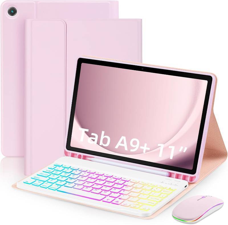 lot 491770 image: Case with Keyboard Mouse for Samsung Galaxy Tab A11 PlusA9 Plus 20252023 11 inch,7 Color Rainbow Backlight Detachable USB-C Keyboard Magnetic Case with Pen Slot for Tablet A11 A9 5G Pink