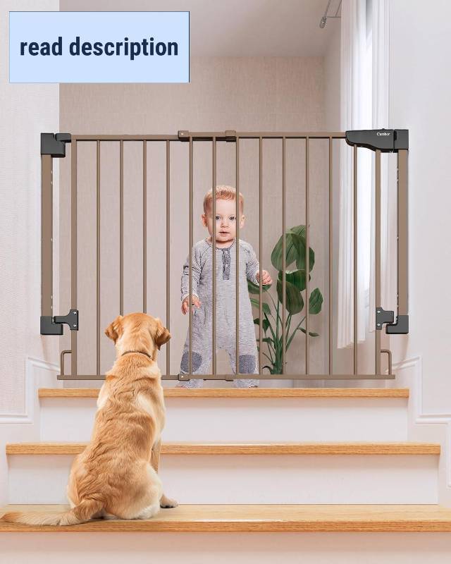 lot 341841 image: Cumbor 29.2 43 Baby Gate for Stairs, Wall-Mounted (Drill Required), Expandable No Bottom Bar Dog Gate, Auto Close Extra Wide Walk Thru, Pet & Toddler Proof Gate, Top & Bottom of Stairways (Brown)
