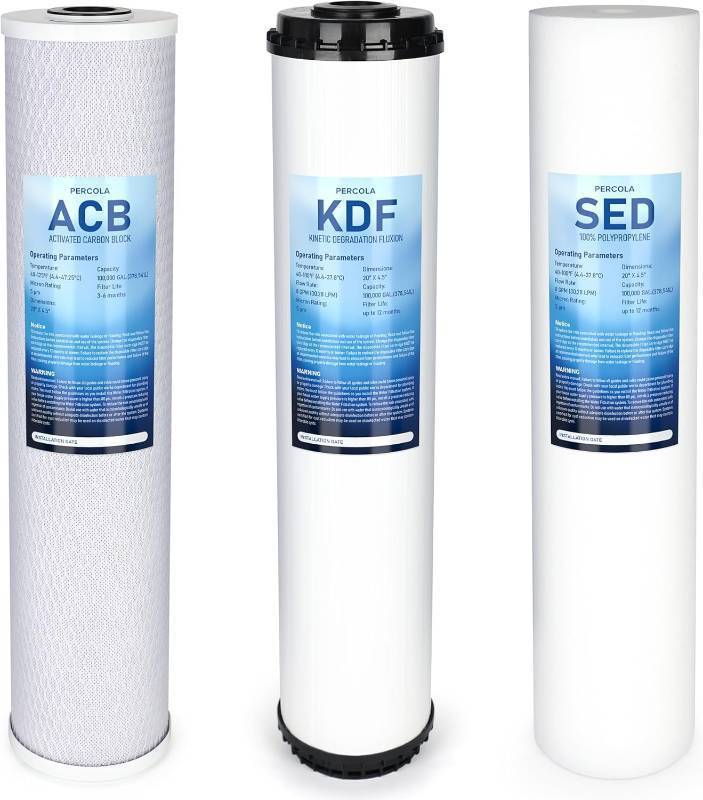 lot 231261 image: 3-Stage Whole House Water Filter Set Replacement Pack with Sediment, KDF High Capacity, Carbon Block Cartridge Filters, 20 x 4.5 inch, 3 Count (Pack of 1)