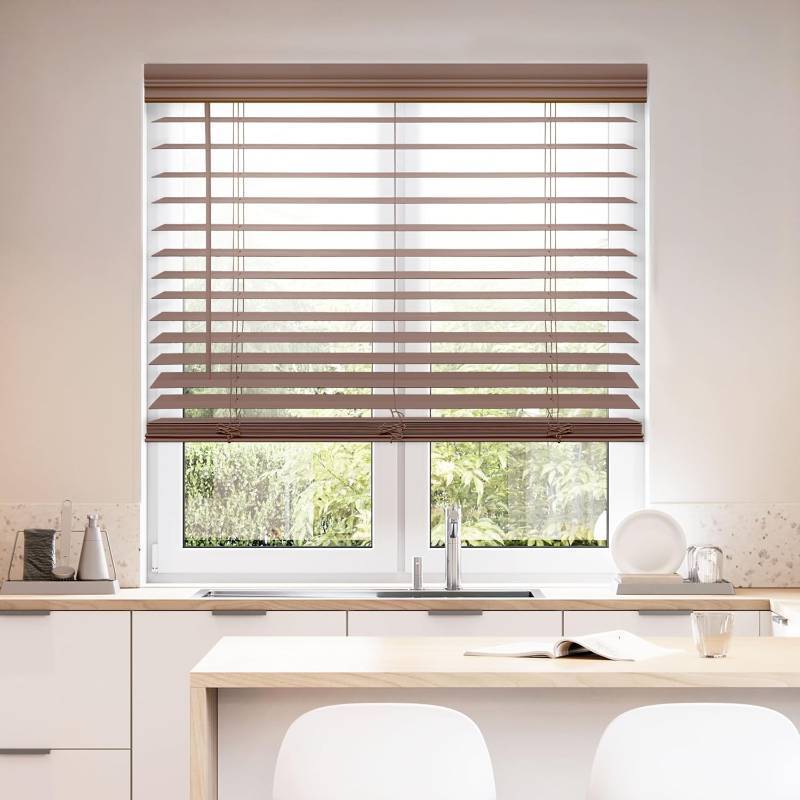lot 330989 image: DEZ FURNISHINGS Cordless 2 Faux Wood Blind, 34 W x 48 H, Gray