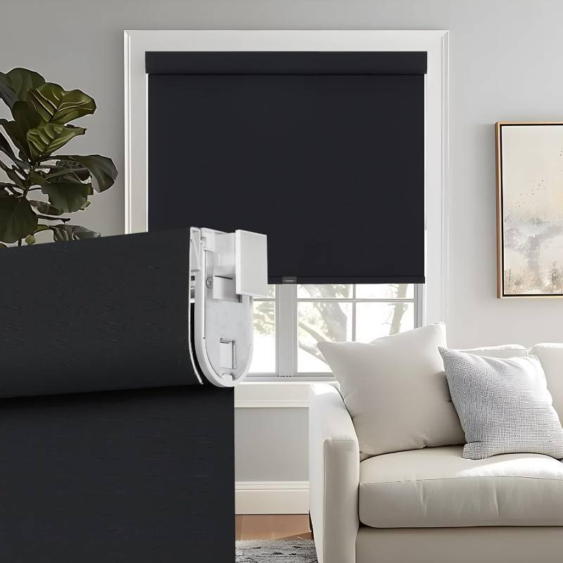 lot 431145 image: Persilux No Drill No Tools 100% Blackout Roller Blinds for Indoor Windows, Free-Stop Cordless Roller Shades for Windows, Thermal Insulated Fabric Window Blinds for Home Bedroom (Black, 33 W x 72 H)