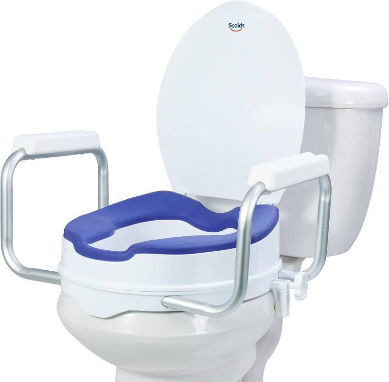 lot 421230 image: Raised Toilet Seat Risers for Seniors, Padded Elevated Toilet Seat with Handles for Round Toilets Only, 5 Inch Height, Support to 300 LBS