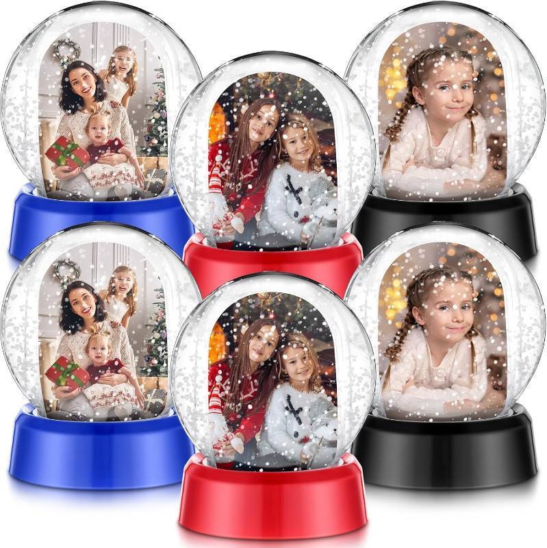 lot 211289 image: Suzile 6 Pcs Christmas Photo Snow Globe 4.3 Inch Christmas Clear Plastic Water Globe Double Sided Picture Display Snow Globes Photo Frame for Home Xmas Holiday DIY Crafts Gift (Black,Red,Blue)