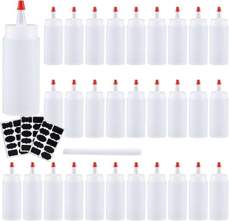 lot 311217 image: Squeeze Bottle, Shekure 30Pcs 4 Oz Premium Food Grade Plastic Bottles with Squeeze Top Caps Include 2 Labels and 1 Pen for Icing Cookie Decorating Sauces Condiments Arts Crafts BPA Free