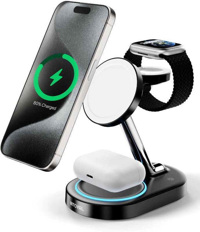 lot 411173 image: Charging Station for MagSafe Charger,Wireless Charging Station for iPhone MagSafe Charger,Intoval 3 in 1 Fast Magnetic Stand for iPhone 16151413 Apple Watch 10, Airpods. (Black)