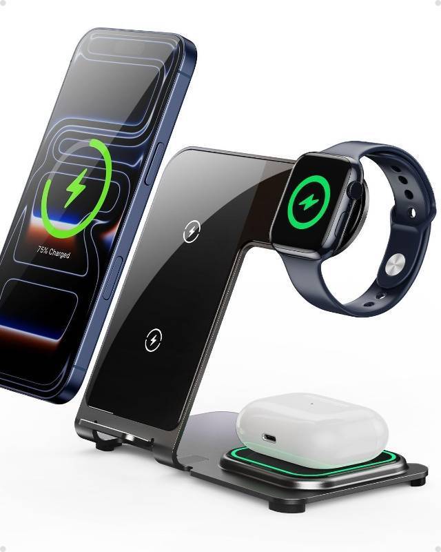 lot 411180 image: Intoval 3 in 1 Wireless Charger for iPhone 171615141312,Wireless Charging Station for Apple Devices, Aluminum Charging Stand for iWatch 11 10 9 Ultra 32 SE 32,for AirPods 4 3 2 Pro 32