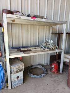 lot 14381 image: Industrial Shelving Unit with Hydraulic Jack, Chain, and More