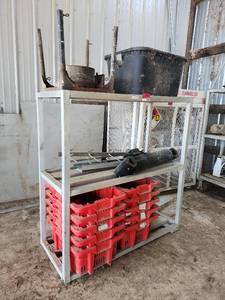 lot 14386 image: Storage Rack w Contents Including Red Storage Bins, Metal Sheets, and More