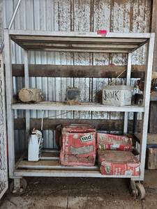 lot 14388 image: 4ft Industrial Metal Storage Rack with Wheels - Contents Included