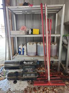 lot 14419 image: Assorted Lot W Mr. Heater Contractor Series Forced Air Heater, Industrial Shelving Unit, and Contents of Shelf