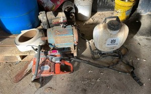 lot 14499 image: Assorted Lot W Husqvarna Saw, Sprayer, Motor, and Pump