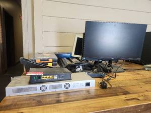 lot 15128 image: Assorted Lot W Electric Office Surge Protector, Computer Monitors, Enclosed Clip Boards, and More
