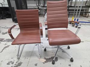lot 15147 image: Modern Brown Leather Office Chairs - Set of 2