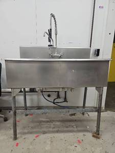 lot 15150 image: Commercial Stainless Steel Double Basin Sink with Pre-Rinse Faucet