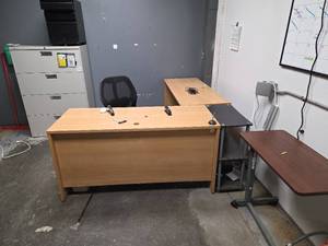 lot 15190 image: Bulk Lot of Office Furniture Including Desks, Shelves, Mini Fridge and Filing Cabinets