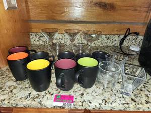 lot 20408 image: Modern Drinkware Set - (8) Martini Glasses and (8) Colorful Mugs