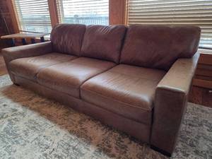 lot 20424 image: Brown Leather Living Room Couch Set - Sofa, Loveseat, and Lounger