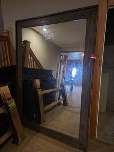 lot 20452 image: Large Dark Wood Framed Wall Mirror - 82in