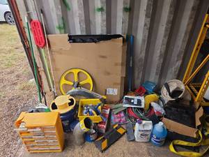 lot 20472 image: Assorted Lot W Meter Man Measuring Wheel, Tow Straps, Napa Oil Pan and More
