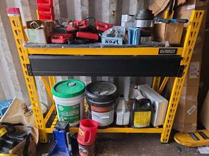 lot 20473 image: DeWalt Industrial Storage Rack with Workshop Supplies Including Milwaukee Battery Chargers, and More
