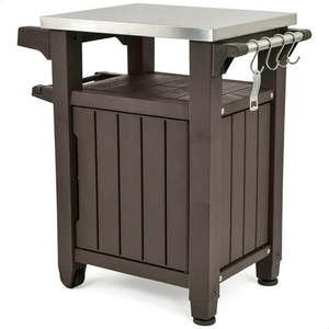 lot 20476 image: Keter Unity 40-Gal Patio Storage Grilling Bar Cart w Stainless Steel Top