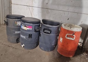 lot 15195 image: Igloo &amp Home Depot 5-Gallon Water Coolers - Set of 4