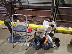 lot 15198 image: Assorted Lot W IPEX Industrial PVC Ball Valve and Fittings, Step Ladder, and More