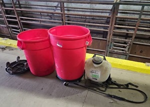 lot 15199 image: Assorted Lot W Industrial Rolling Bucket Set and Backpack Sprayer