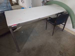 lot 15318 image: White Industrial Table with Metal Frame