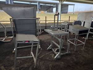 lot 18678 image: Assorted Lot W Industrial Material Chute, Kitchen Prep Tables and More