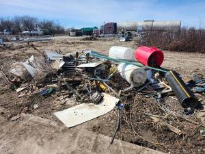 lot 15414 image: Bulk Lot of Industrial Materials Including Metal Sheets, Grating, Barrels, and More